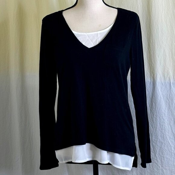 CHICO’S Women’s Pullover Tunic Top Size S Black with White Front Under Layer  * - Picture 1 of 5
